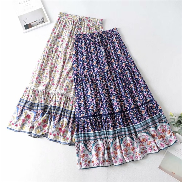 013 Boho Blue Floral Print Ruffle Maxi Skirt Gypsy - Picture 11 of 11